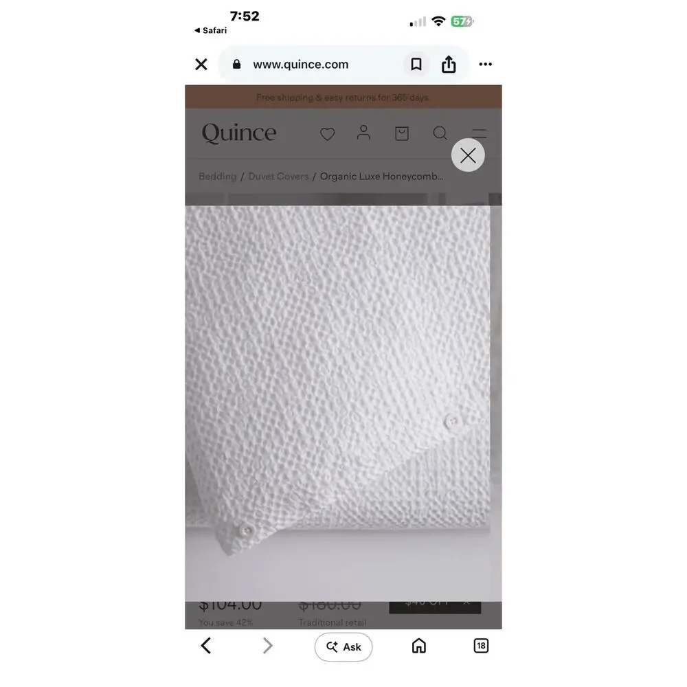Quince Organic Luxe Honeycomb Full/Queen Duvet Cover White Button Closure NWOT